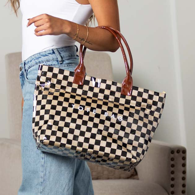 Brooklyn Checkered Tote | Canvas, Vegan Leather & PVC | 12.5 x 5 x 13.5 in; 17 in Top