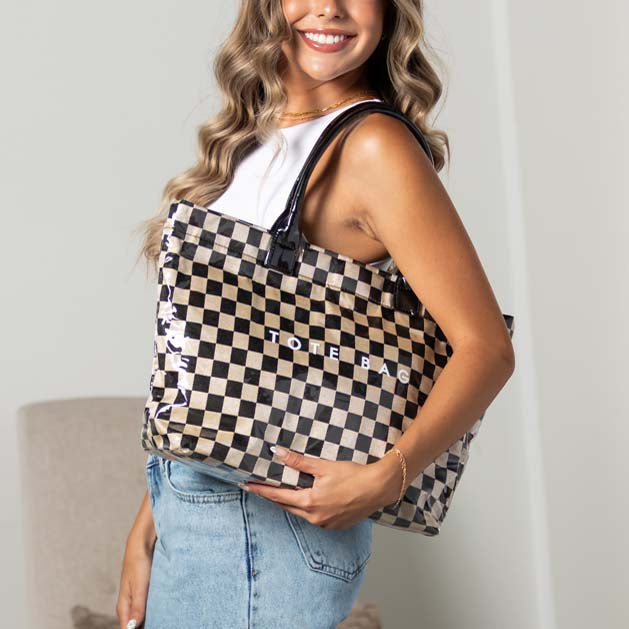Brooklyn Checkered Tote | Canvas, Vegan Leather & PVC | 12.5 x 5 x 13.5 in; 17 in Top