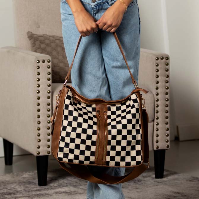 Vanessa Checkered Hobo Bag & Wristlet | Canvas & Vegan Leather | 13.5 L x 5 W x 13 H in