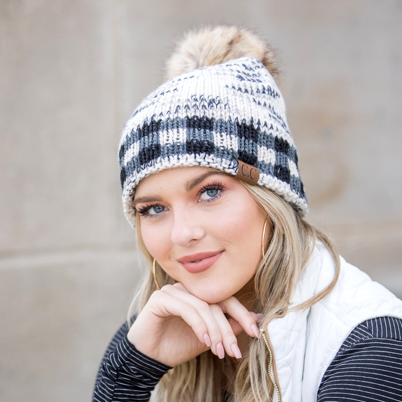 C.C® 100% Soft-Spun Acrylic Buffalo Print Slouchy Knit Faux Fur Pom Beanie | One Size