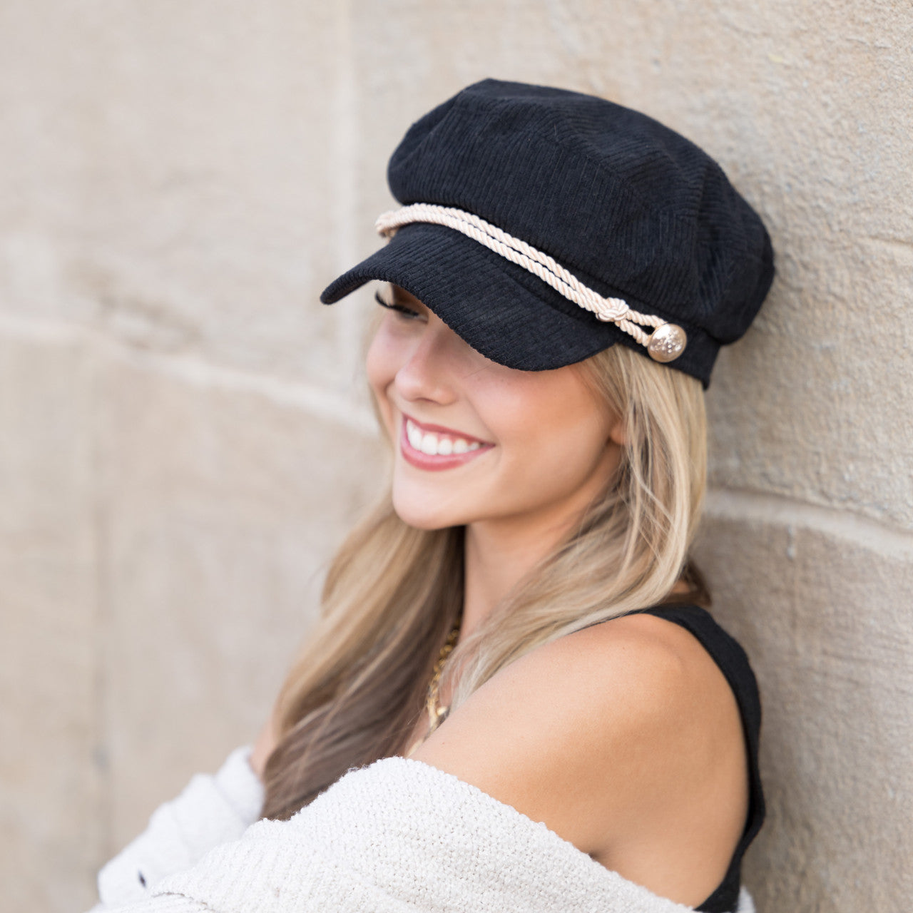 50% Cotton 50% Polyester Corduroy Gold Coin Detail Newsboy Cap | One Size Teen–Adult