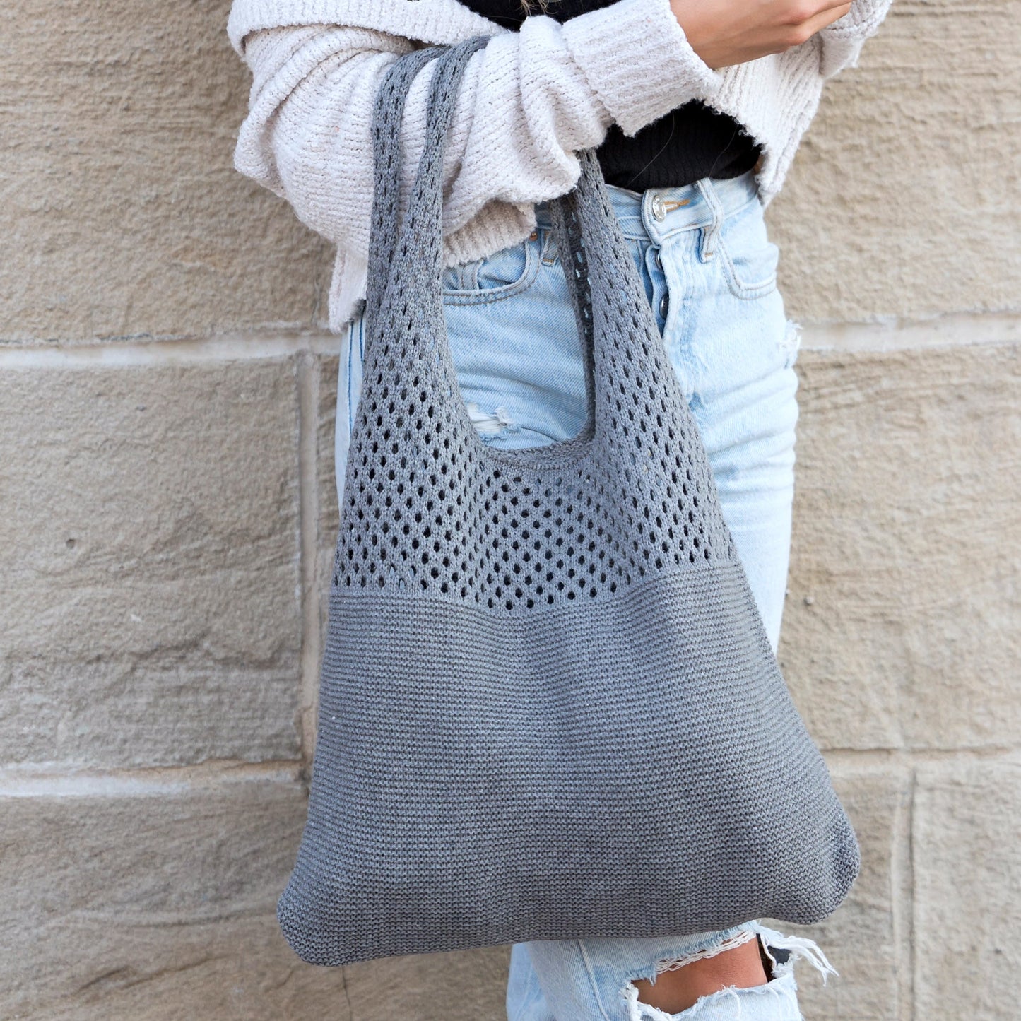 100% Polyester Soft Knit Woven Open Top Slouchy Hobo Shoulder Bag | 20" H x 14.5" W