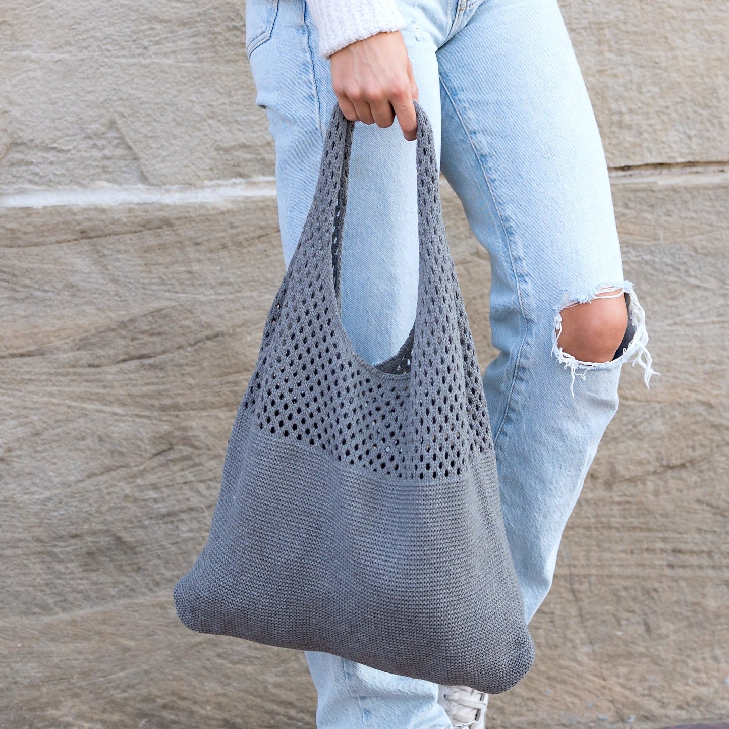 100% Polyester Soft Knit Woven Open Top Slouchy Hobo Shoulder Bag | 20" H x 14.5" W