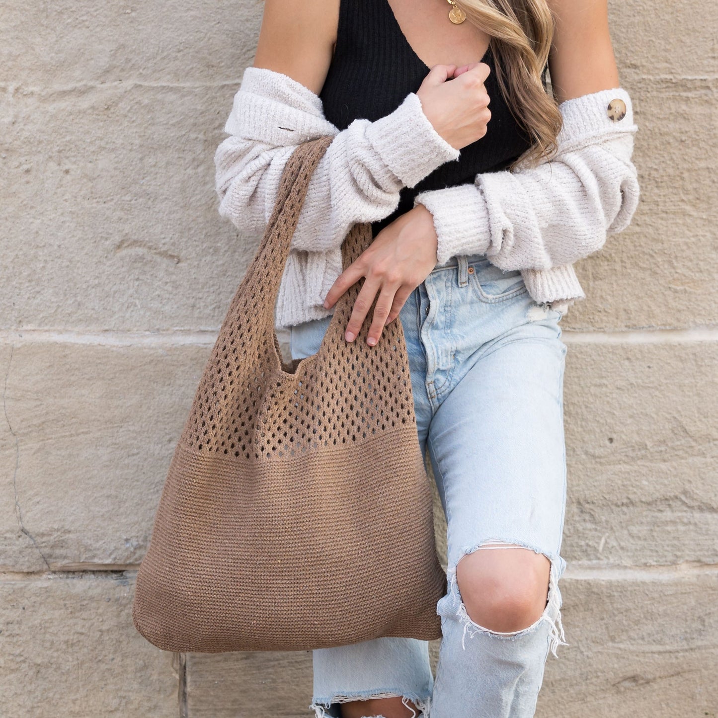 100% Polyester Soft Knit Woven Open Top Slouchy Hobo Shoulder Bag | 20" H x 14.5" W