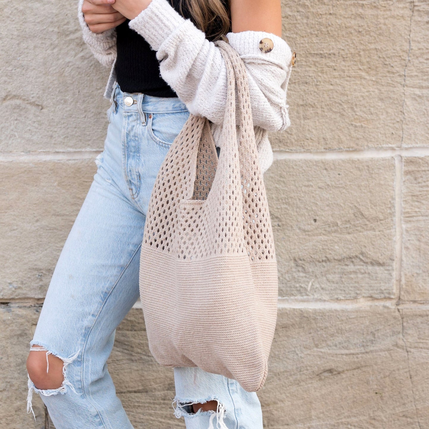 100% Polyester Soft Knit Woven Open Top Slouchy Hobo Shoulder Bag | 20" H x 14.5" W