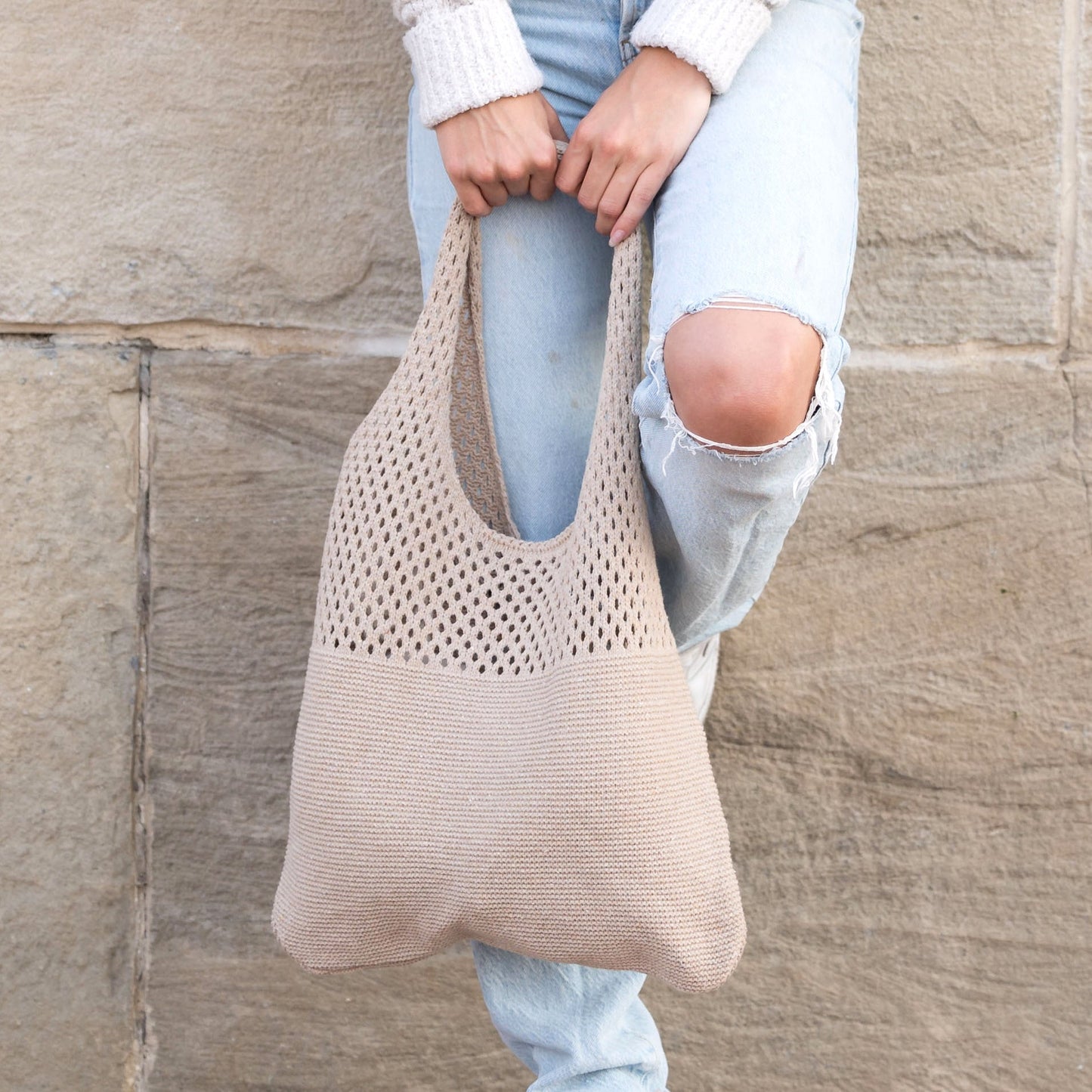 100% Polyester Soft Knit Woven Open Top Slouchy Hobo Shoulder Bag | 20" H x 14.5" W