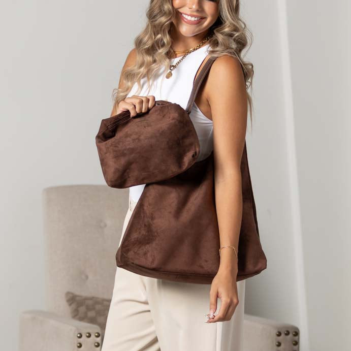 Andrea 2-in-1 Hobo Shoulder Bag | Vegan Suede & PU Leather Strap | 16.5 x 4.72 x 14.17 in