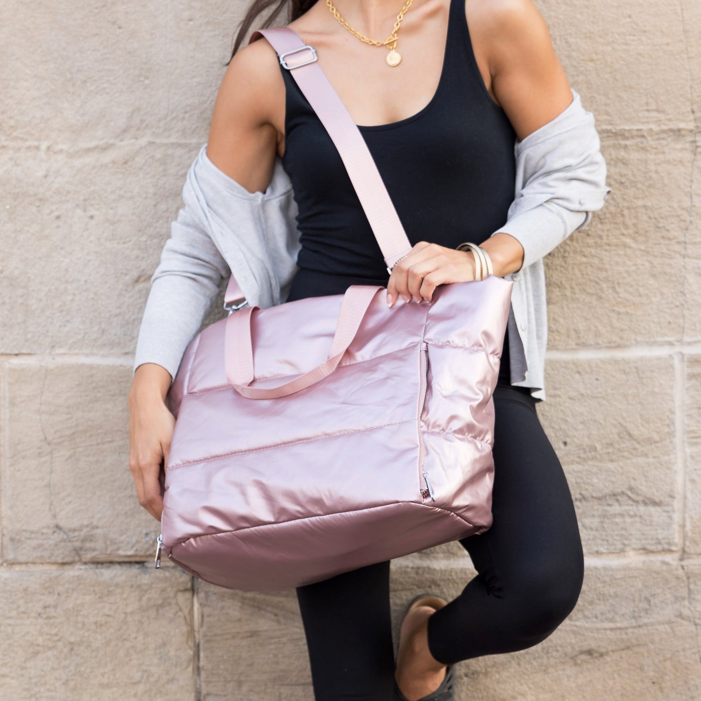 Cotton Blend Metallic Puffer Oversized Tote Bag with Removable Strap