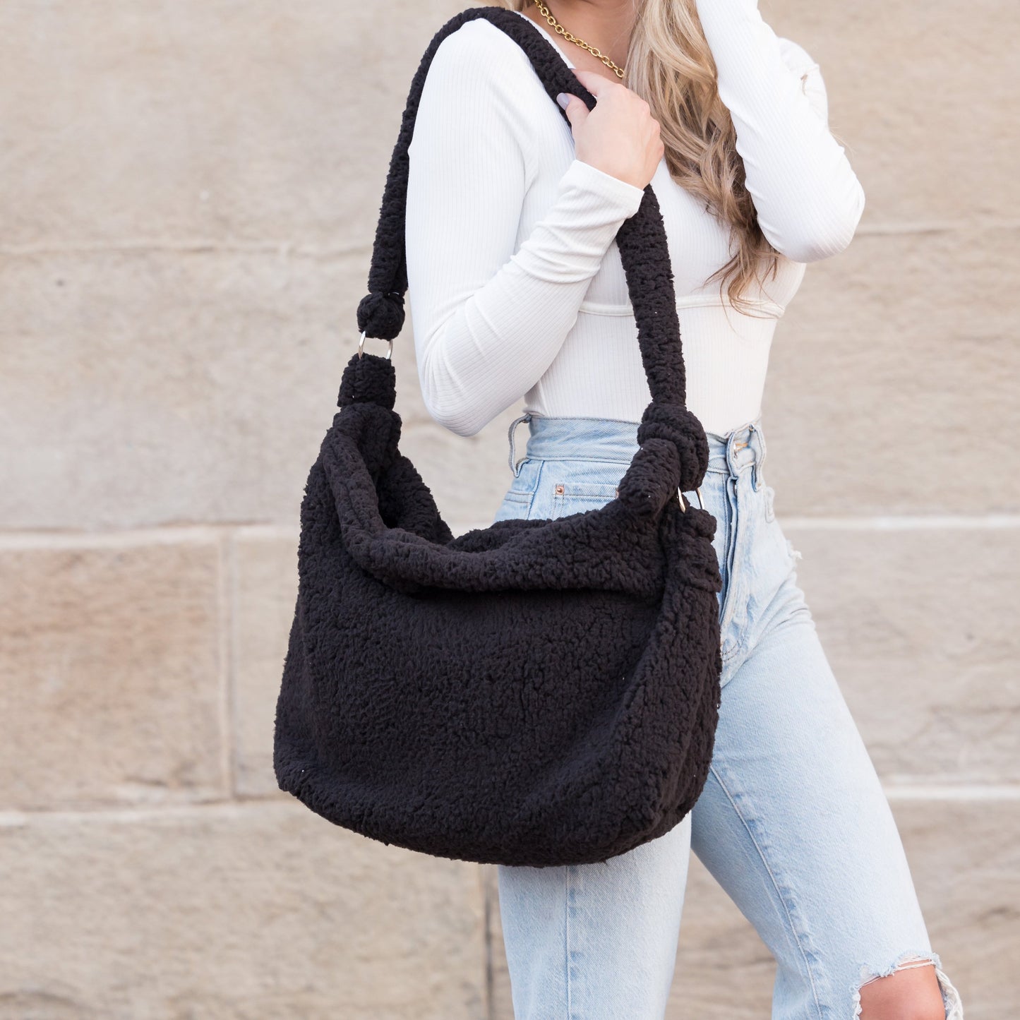 Boucle Sherpa Plush Polyester Messenger Bag with Magnetic Clasp & Self-Tie Adjustable Strap | Beige, Ivory, Black