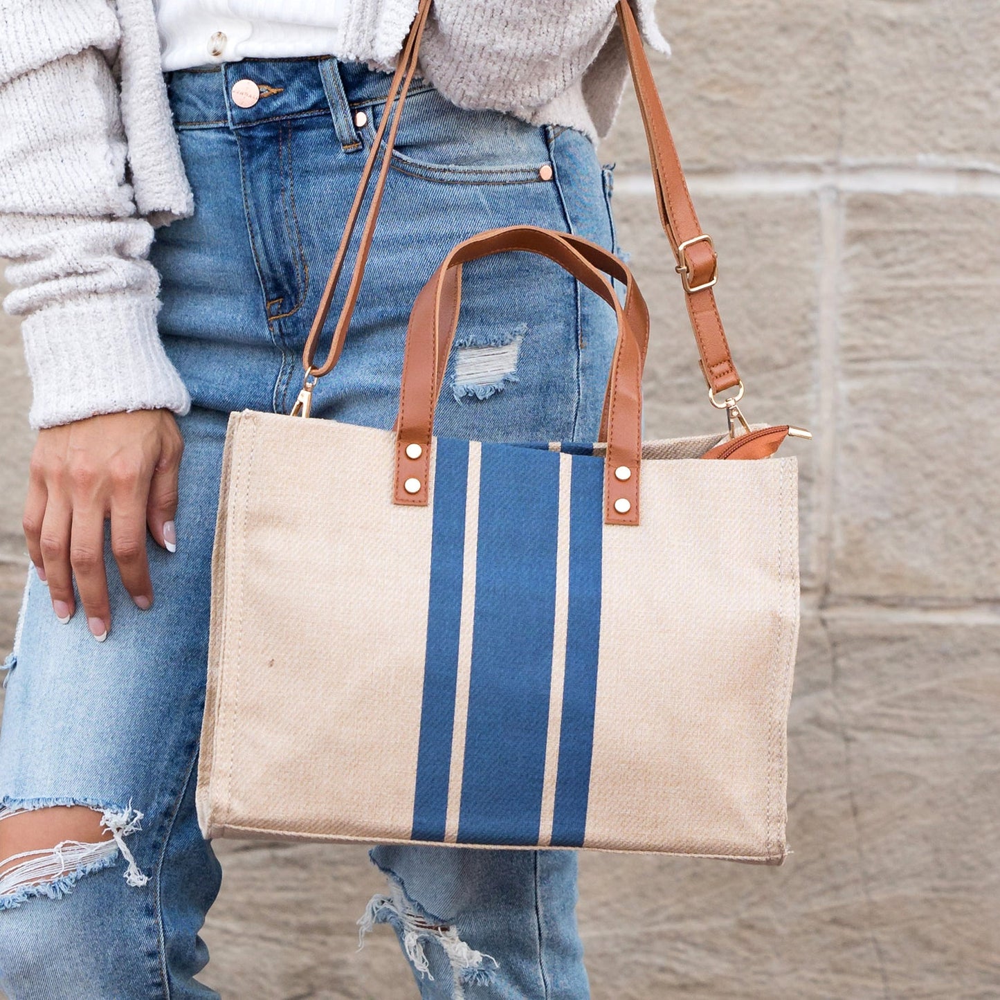 Canvas PU Leather Cotton Lined Stripe Gold Grommet Convertible Tote Bag