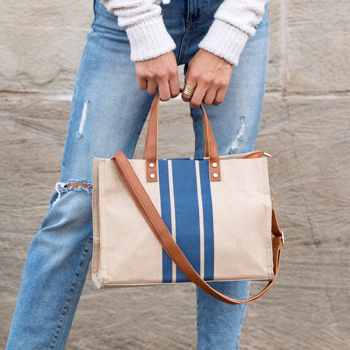 Canvas PU Leather Cotton Lined Stripe Gold Grommet Convertible Tote Bag