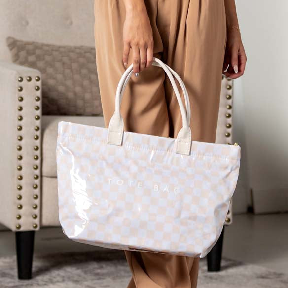 Blueberi B Charly Checkered Tote | Nylon & Laminated PVC | 12.5 x 5 x 13.5 in; 17 in Top