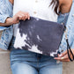 100% Polyester Faux Fur Cotton Lined Cow Print Removable Vegan Leather Wristlet Clutch
