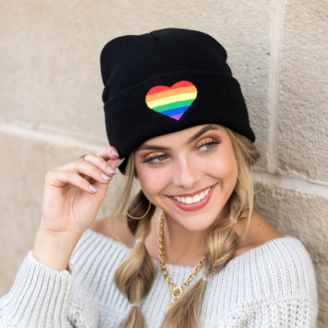 100% Buttery Soft Acrylic Embroidered Rainbow Heart Fold-Over Cuff Pride Boyfriend Beanie | Child 4+–Adult