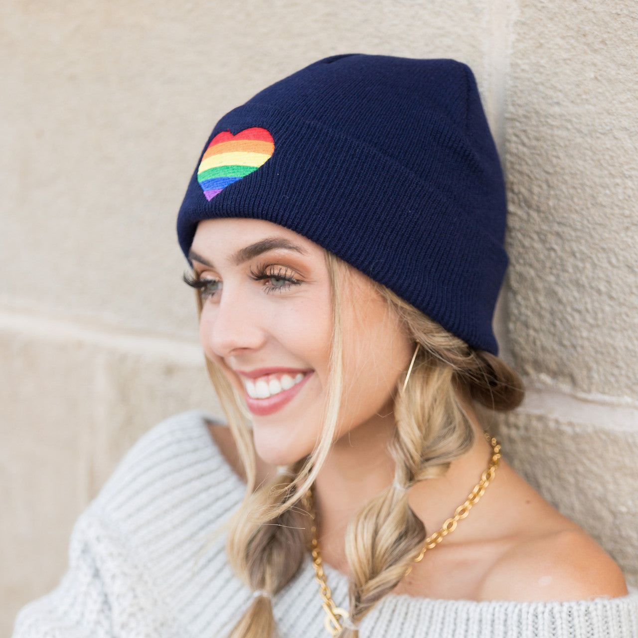100% Buttery Soft Acrylic Embroidered Rainbow Heart Fold-Over Cuff Pride Boyfriend Beanie | Child 4+–Adult