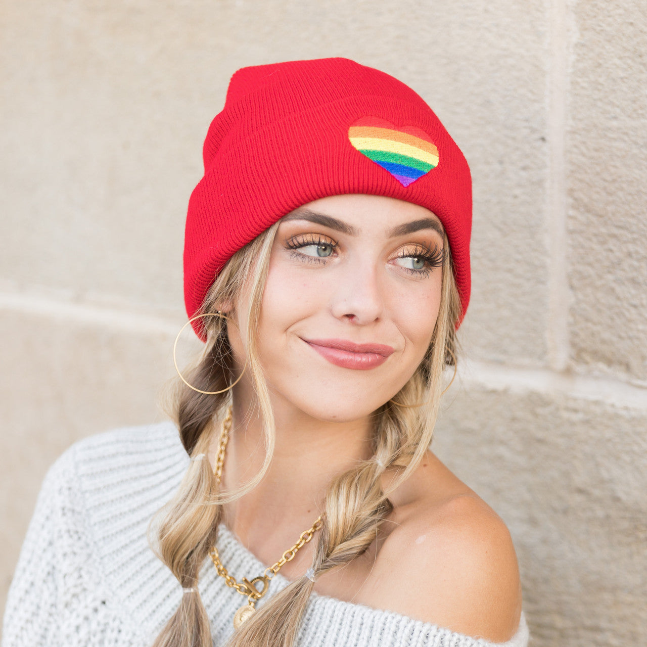 100% Buttery Soft Acrylic Embroidered Rainbow Heart Fold-Over Cuff Pride Boyfriend Beanie | Child 4+–Adult
