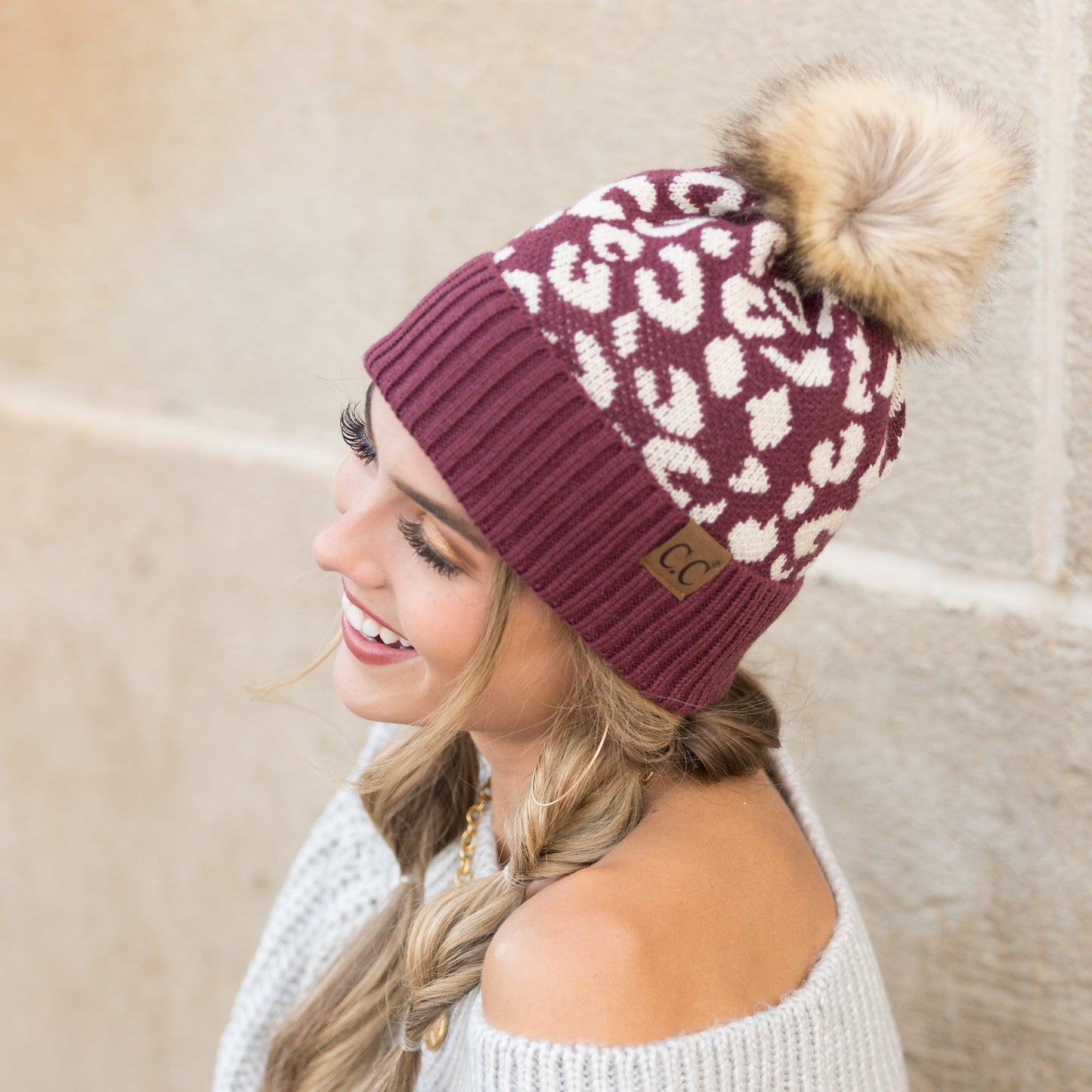 C.C® 100% Soft Acrylic Natural Leopard Faux Fur Pom Beanie | One Size
