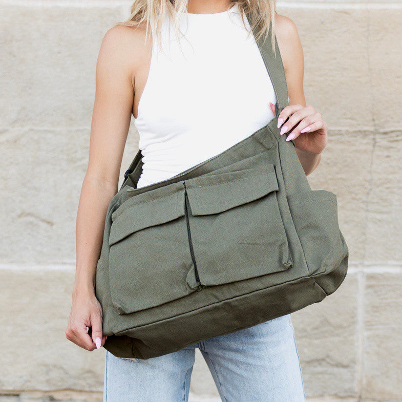 Nova 100% Cotton Canvas Oversized Zip Top Multi-Pocket Messenger Bag