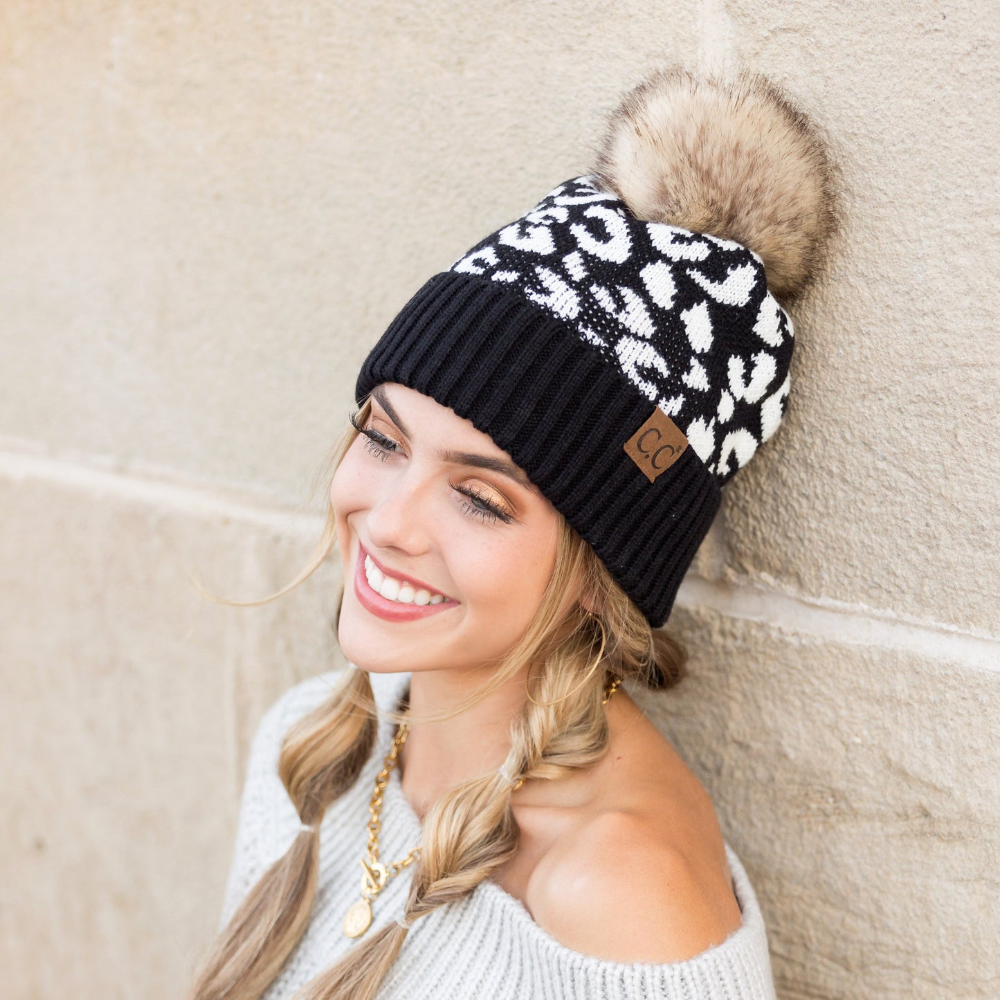 C.C® 100% Soft Acrylic Natural Leopard Faux Fur Pom Beanie | One Size