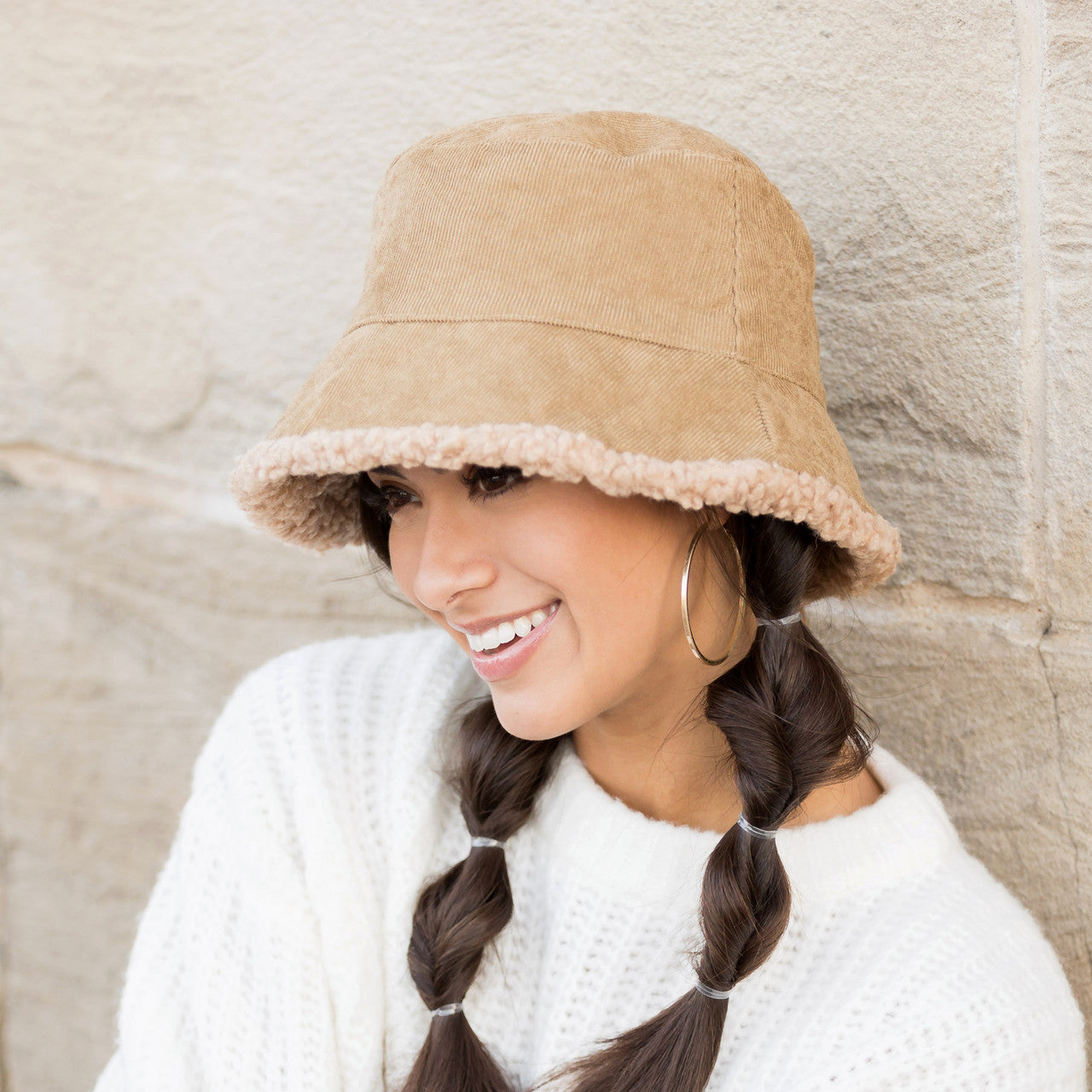 100% Soft Polyester Reversible Boucle Sherpa & Corduroy Bucket Hat | One Size