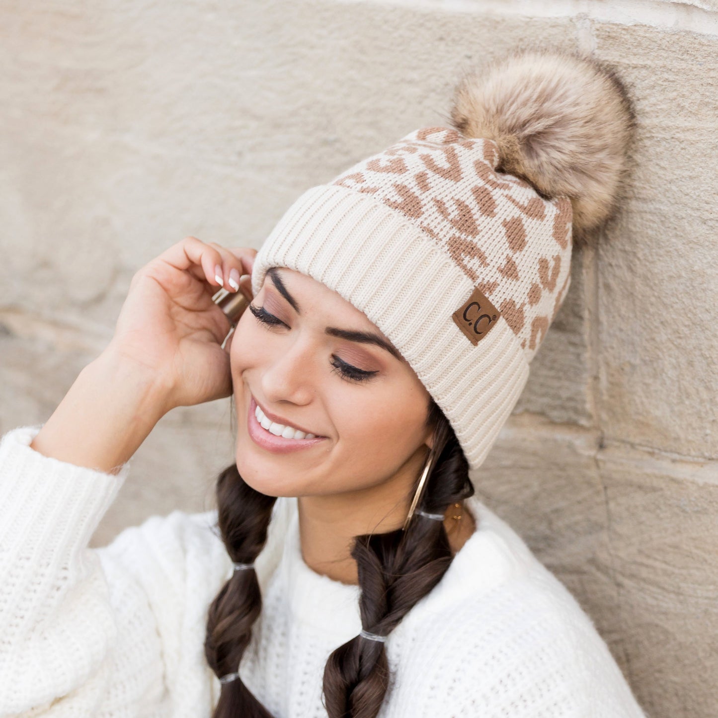 C.C® 100% Soft Acrylic Natural Leopard Faux Fur Pom Beanie | One Size