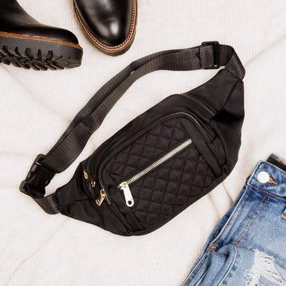 Quilted Gold Hardware Adjustable Nylon Strap Convertible Sling Belt Bag | 14" x 6.5"