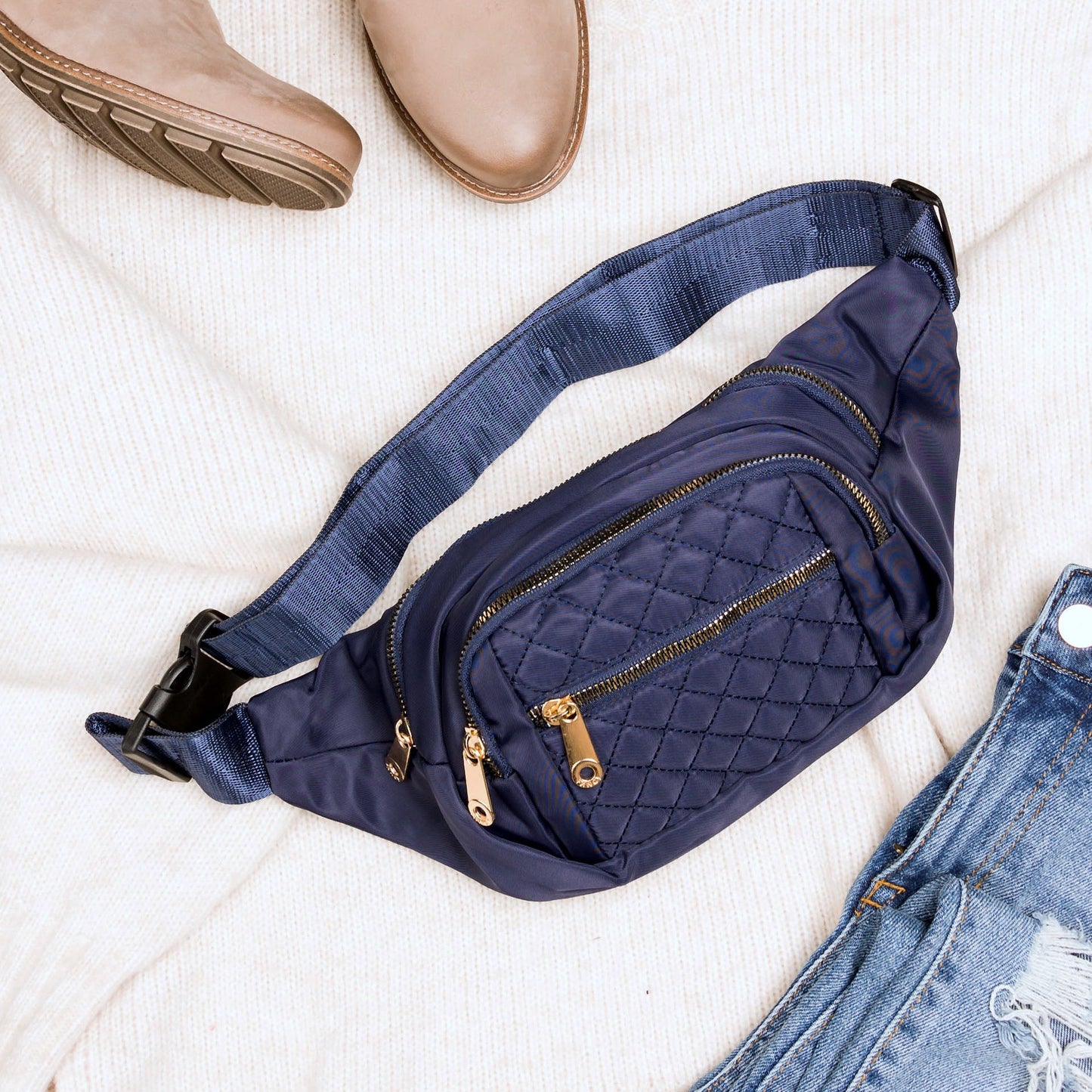 Quilted Gold Hardware Adjustable Nylon Strap Convertible Sling Belt Bag | 14" x 6.5"