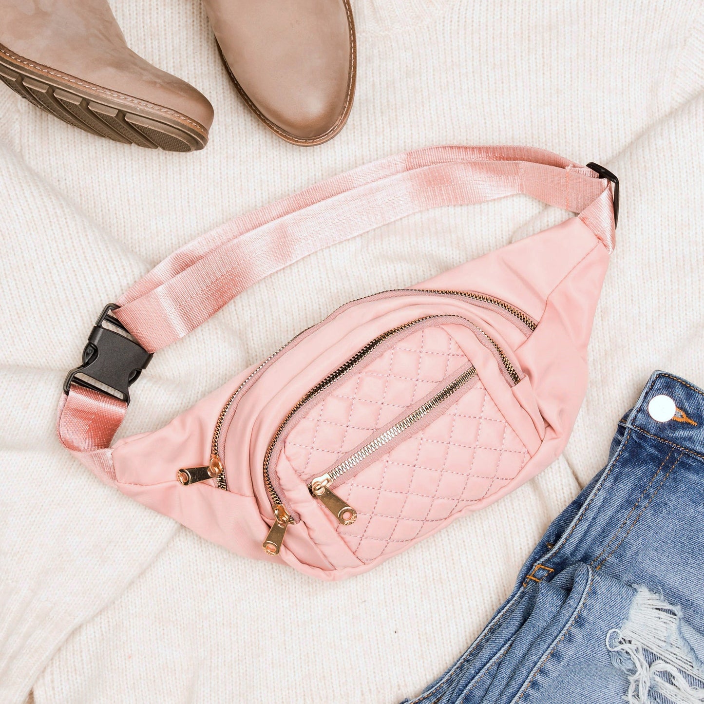 Quilted Gold Hardware Adjustable Nylon Strap Convertible Sling Belt Bag | 14" x 6.5"