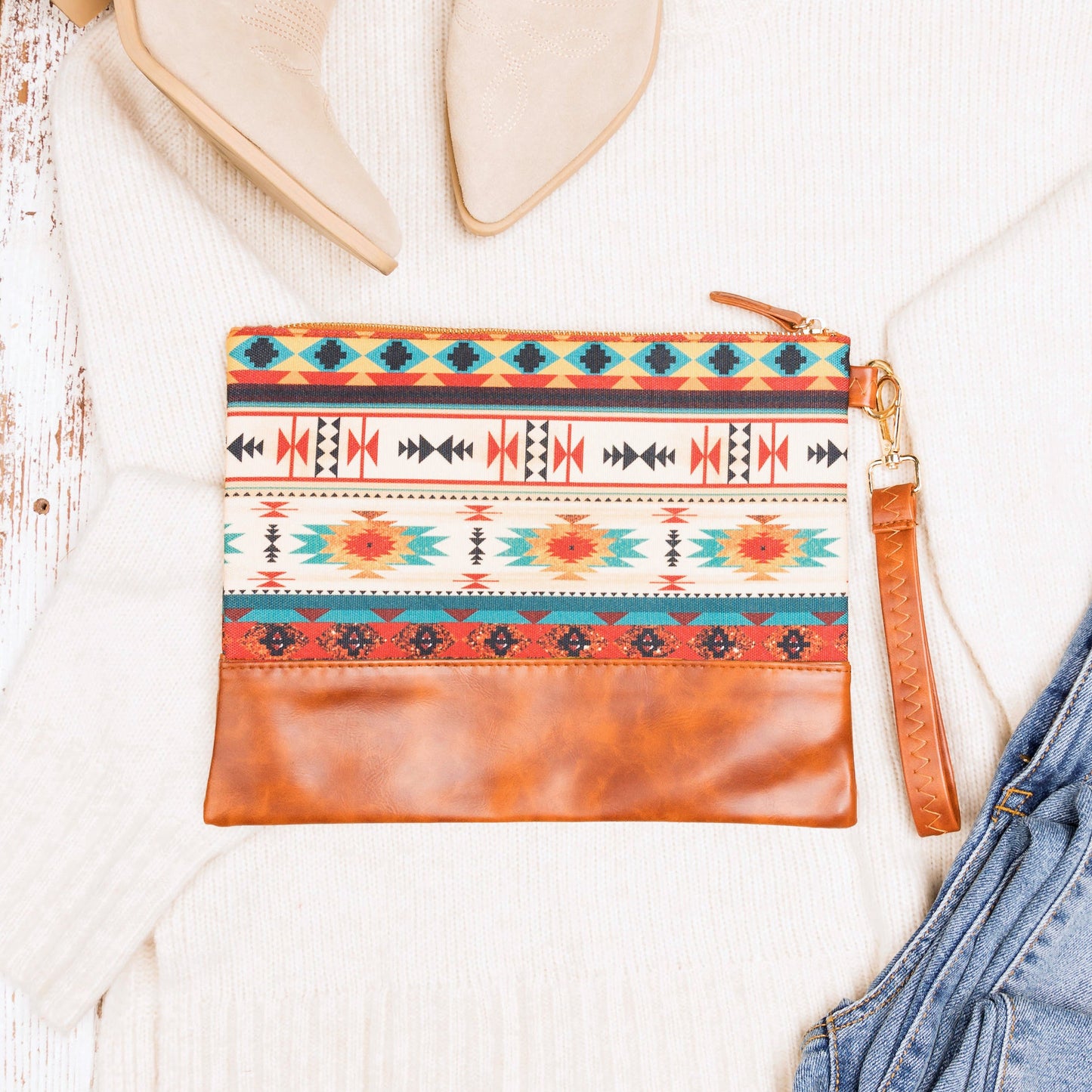 40% Polyester 60% Cotton Vegan Leather Trim Aztec Boho Wristlet Clutch | 8.5" x 11"