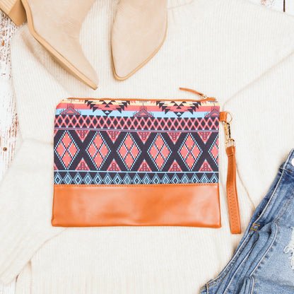 40% Polyester 60% Cotton Vegan Leather Trim Aztec Boho Wristlet Clutch | 8.5" x 11"