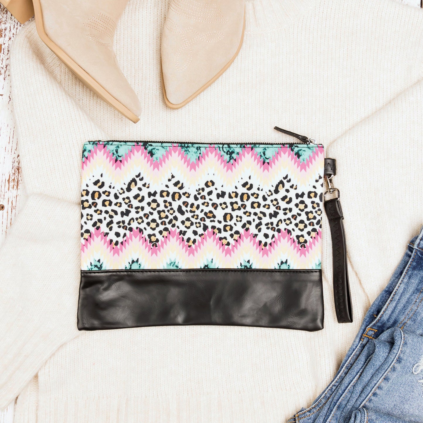 40% Polyester 60% Cotton Vegan Leather Trim Aztec Boho Wristlet Clutch | 8.5" x 11"