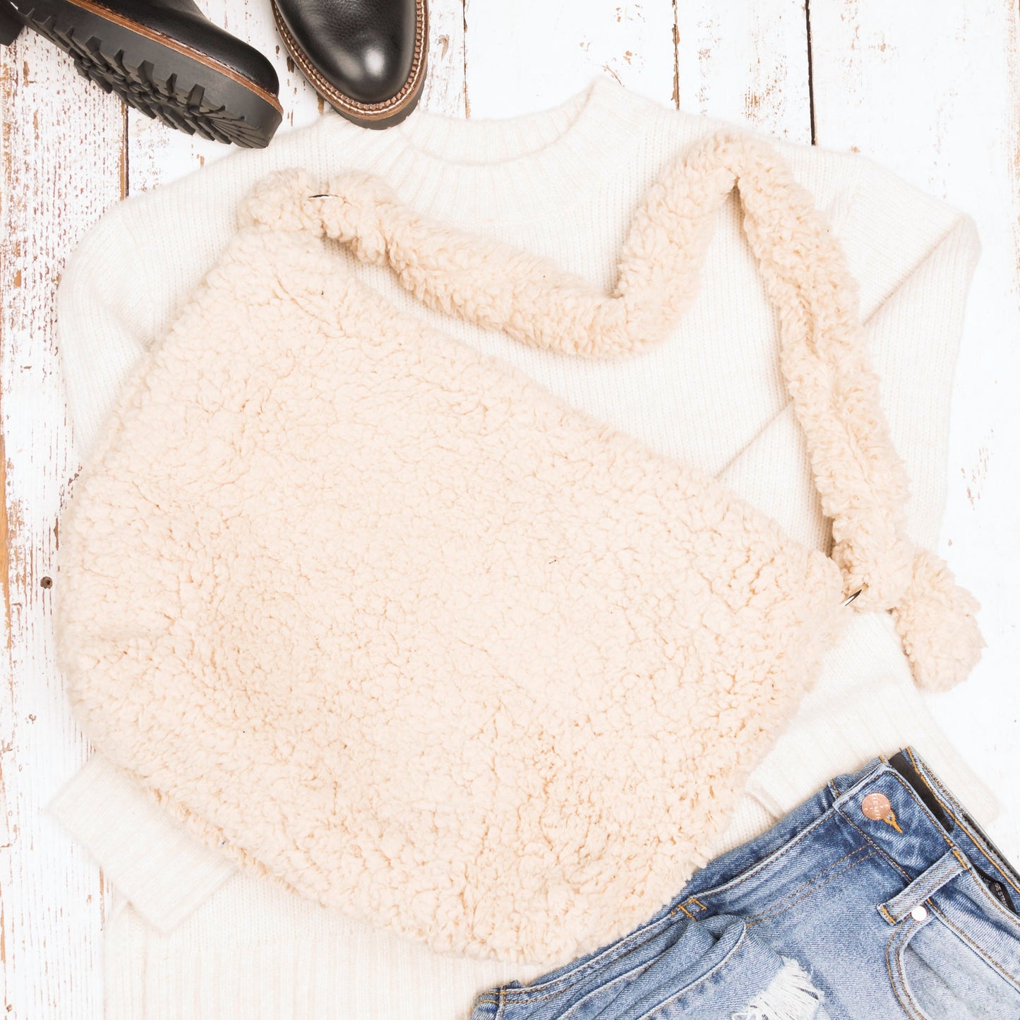 Boucle Sherpa Plush Polyester Messenger Bag with Magnetic Clasp & Self-Tie Adjustable Strap | Beige, Ivory, Black