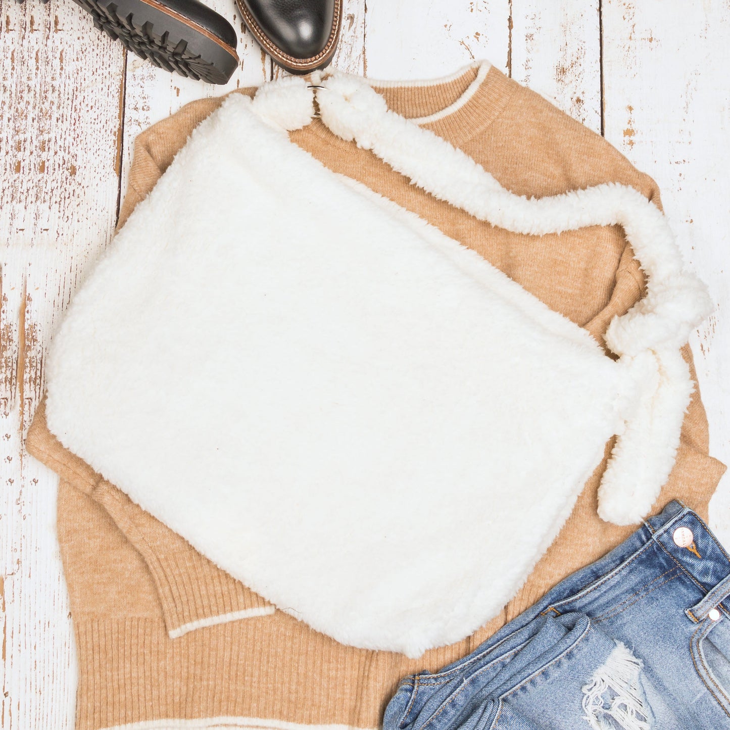 Boucle Sherpa Plush Polyester Messenger Bag with Magnetic Clasp & Self-Tie Adjustable Strap | Beige, Ivory, Black