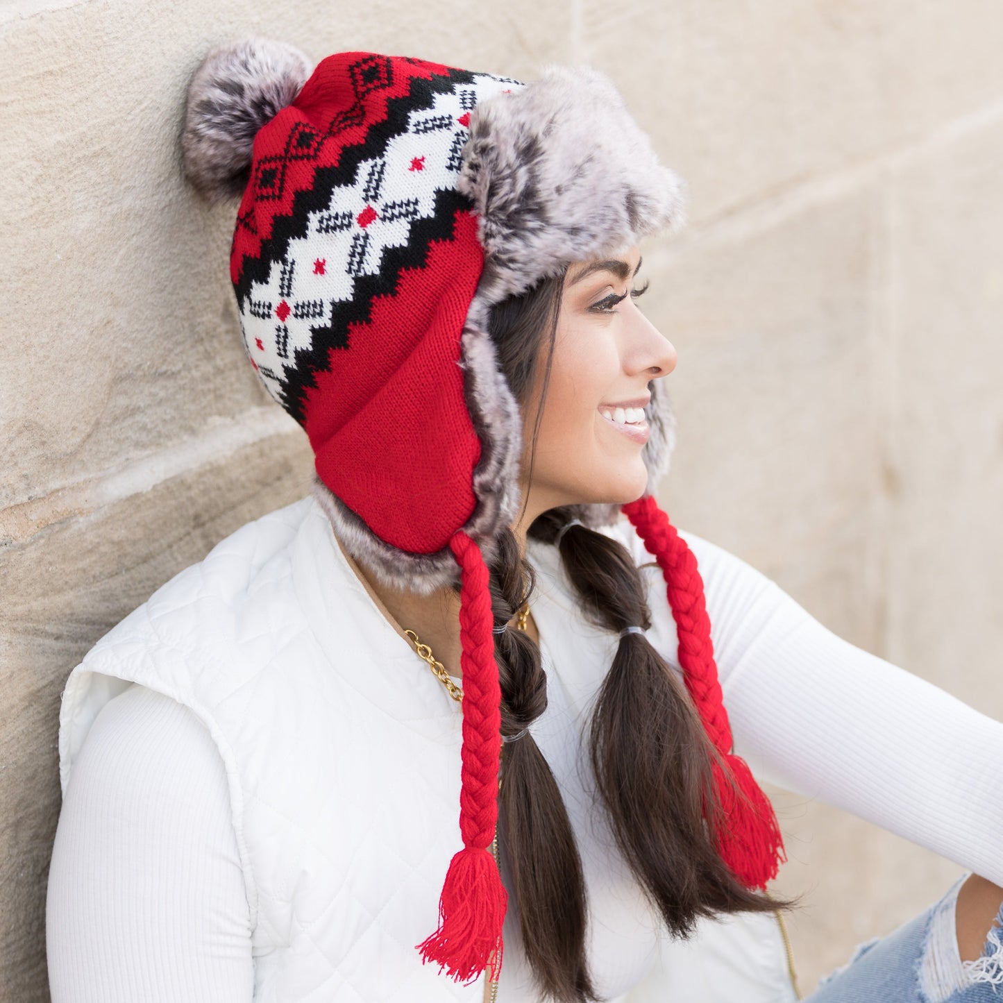 100% Soft Acrylic Fair Isle Faux Fur Pom Fleece Lined Trapper Hat | One Size