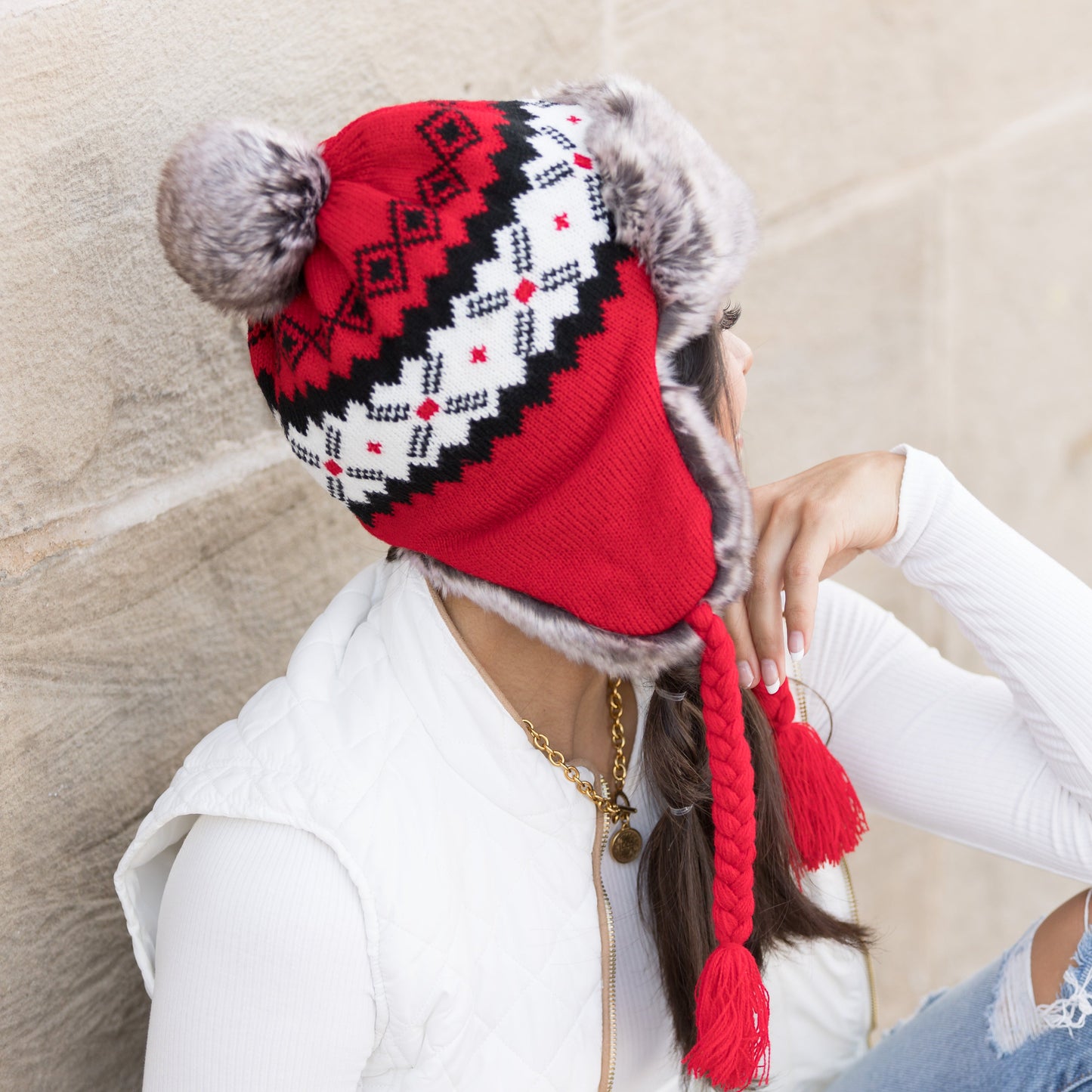 100% Soft Acrylic Fair Isle Faux Fur Pom Fleece Lined Trapper Hat | One Size
