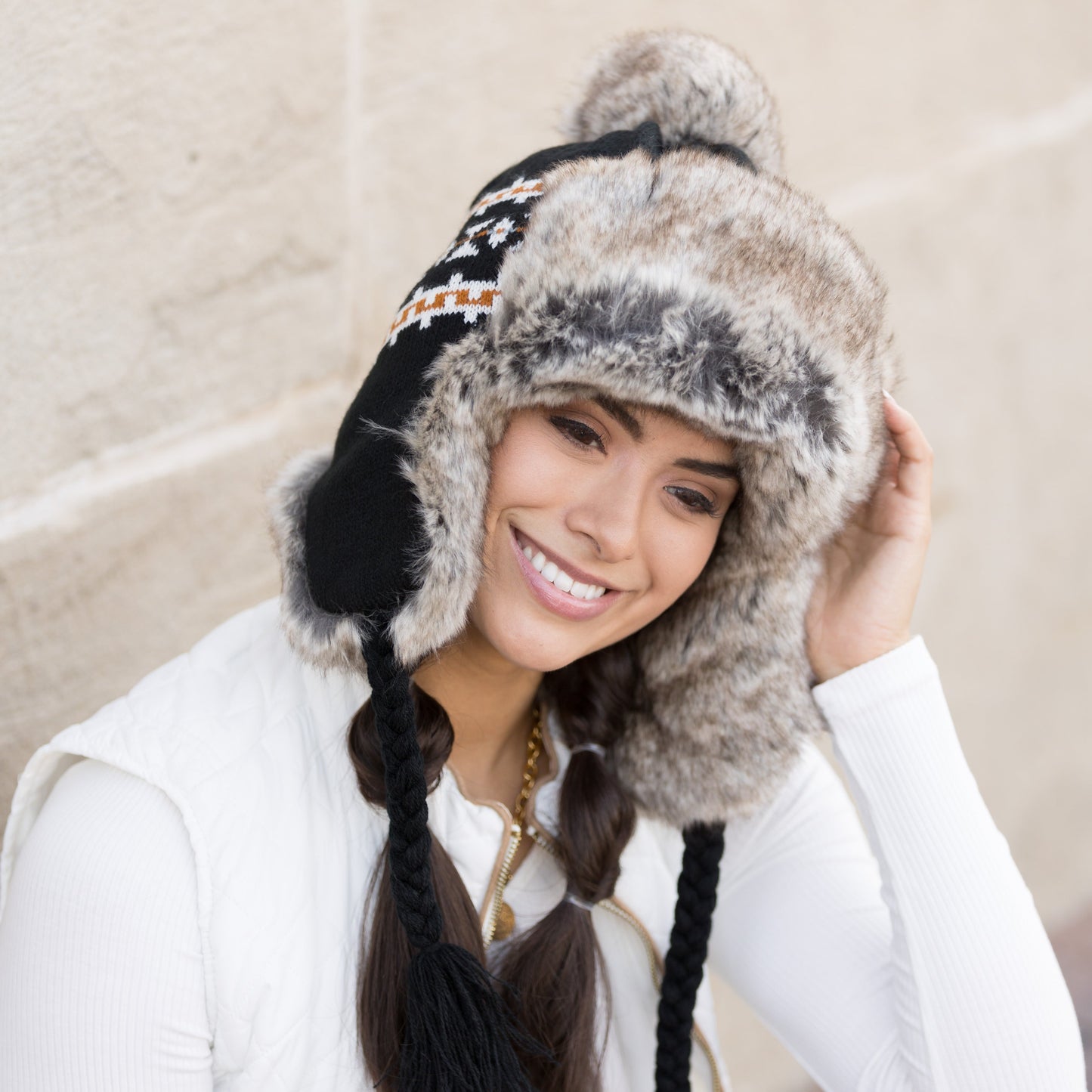 100% Soft Acrylic Fair Isle Faux Fur Pom Fleece Lined Trapper Hat | One Size