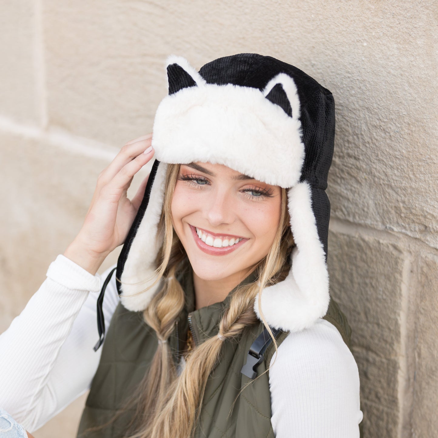 100% Polyester Faux Fur Lined Kitten Ear Vegan Leather Clip Strap Trapper Hat | One Size