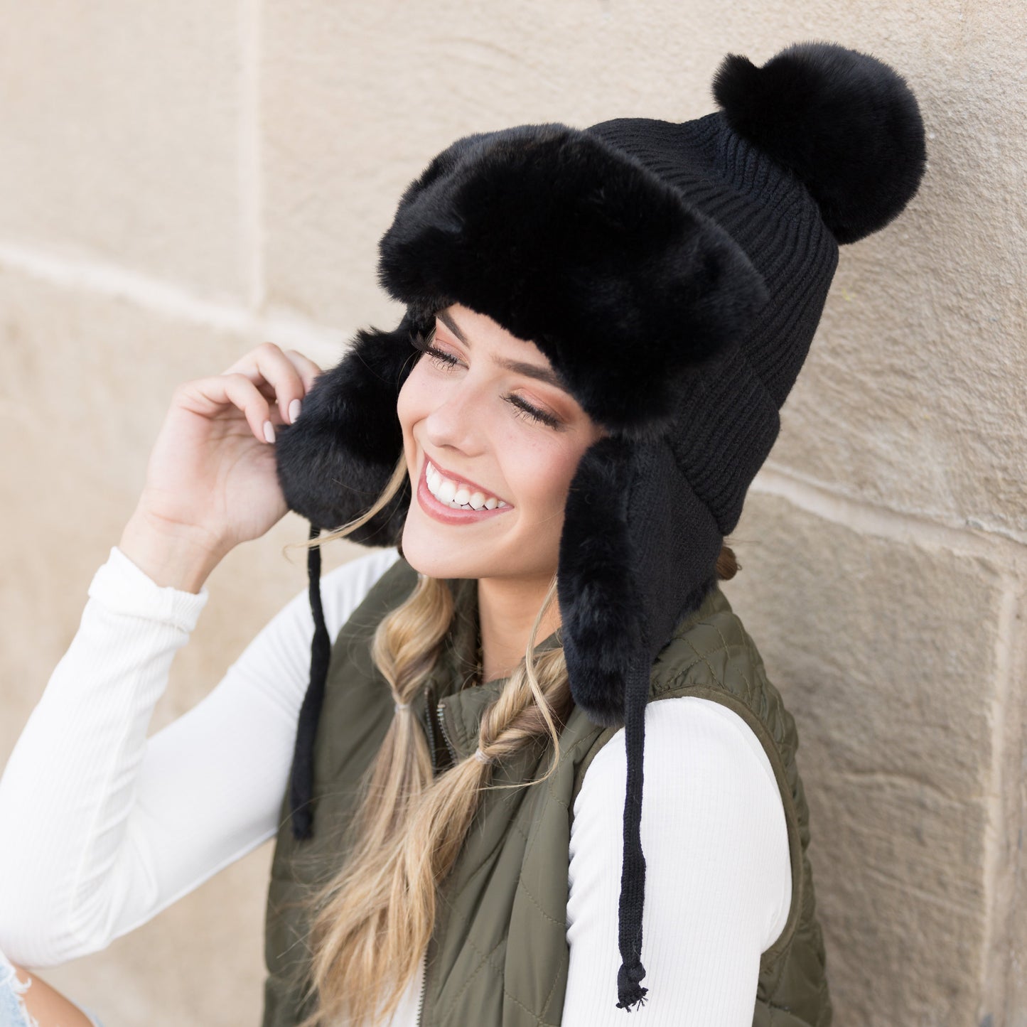100% Soft Acrylic Ribbed Faux Fur Pom Lined Trapper Hat | One Size