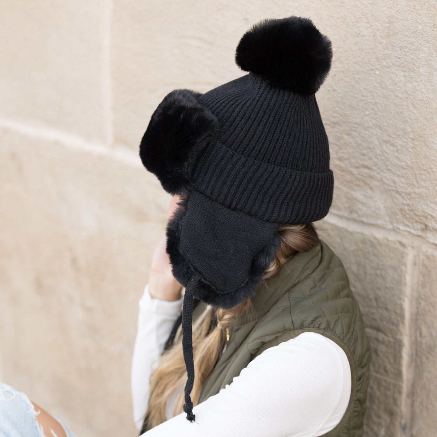 100% Soft Acrylic Ribbed Faux Fur Pom Lined Trapper Hat | One Size
