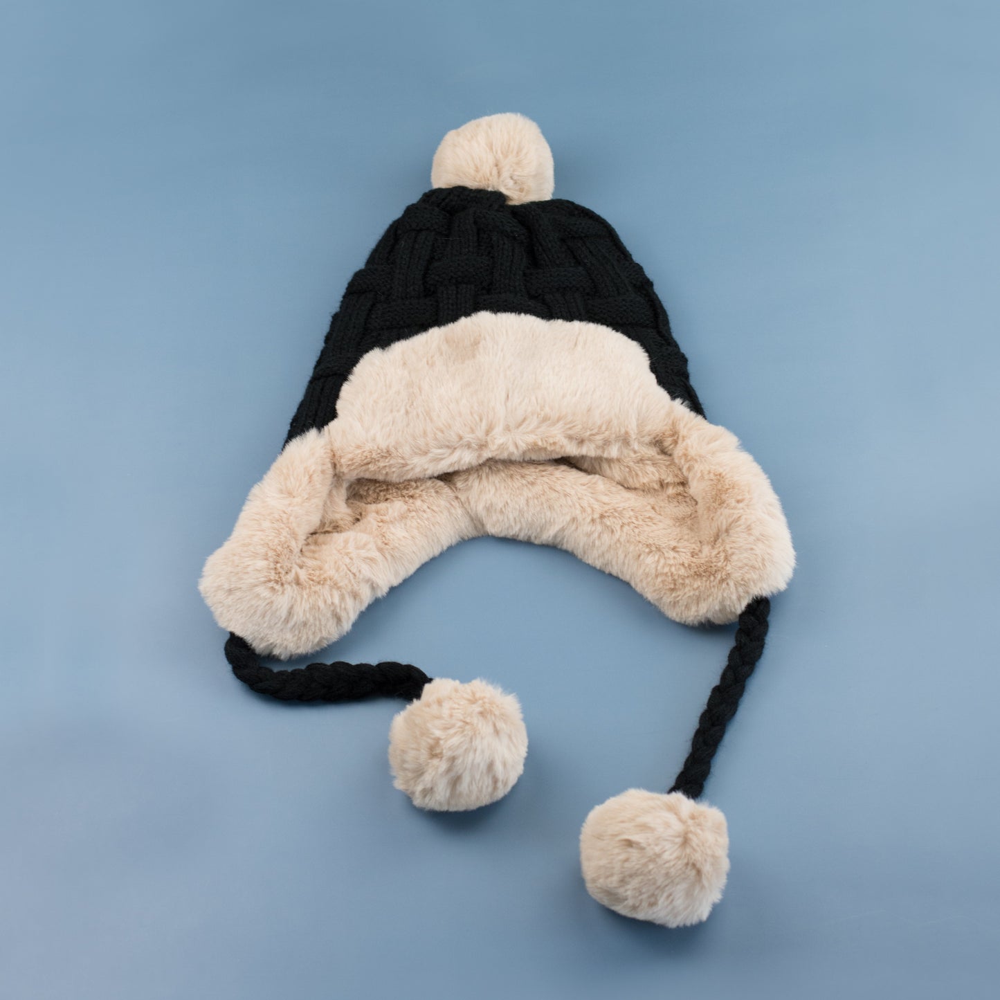 70% Polyester 30% Cotton Cable Weave Faux Fur Pom Braided Accent Trapper Hat | One Size