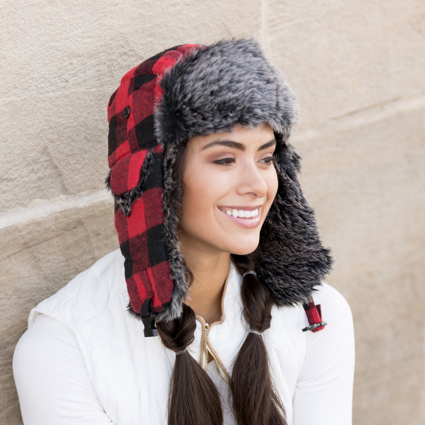 70% Polyester 30% Cotton Flannel Exterior Faux Fur Quilted Lined Buffalo Plaid Trapper Hat | One Size