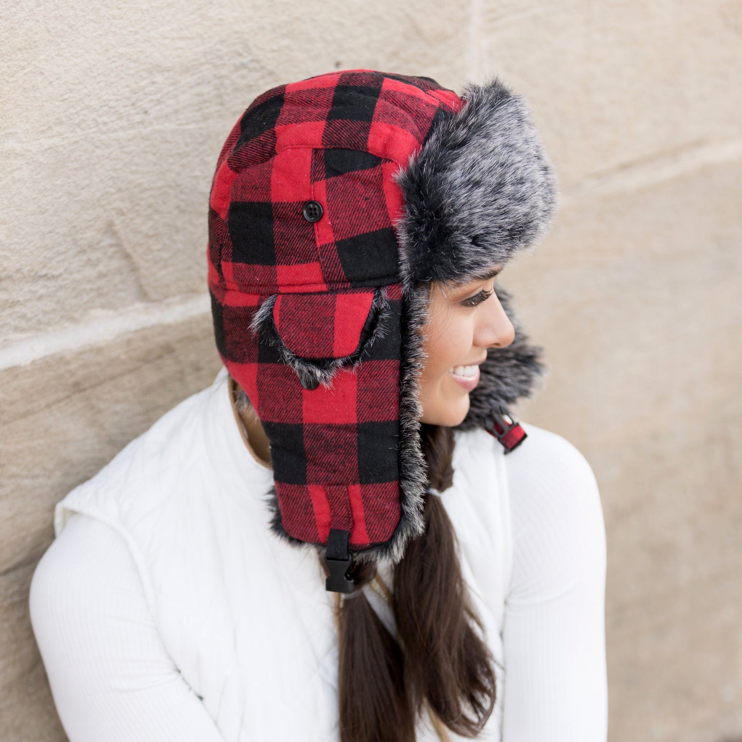 70% Polyester 30% Cotton Flannel Exterior Faux Fur Quilted Lined Buffalo Plaid Trapper Hat | One Size