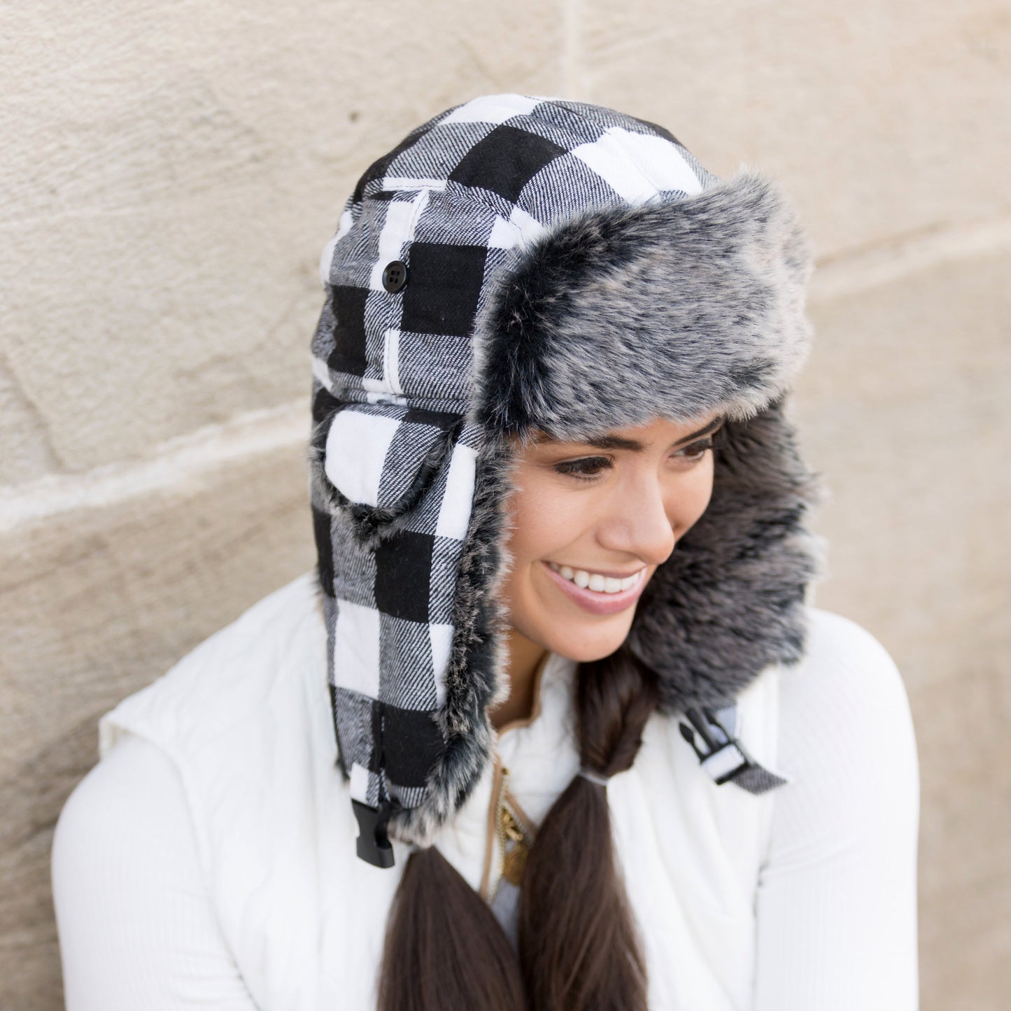 70% Polyester 30% Cotton Flannel Exterior Faux Fur Quilted Lined Buffalo Plaid Trapper Hat | One Size