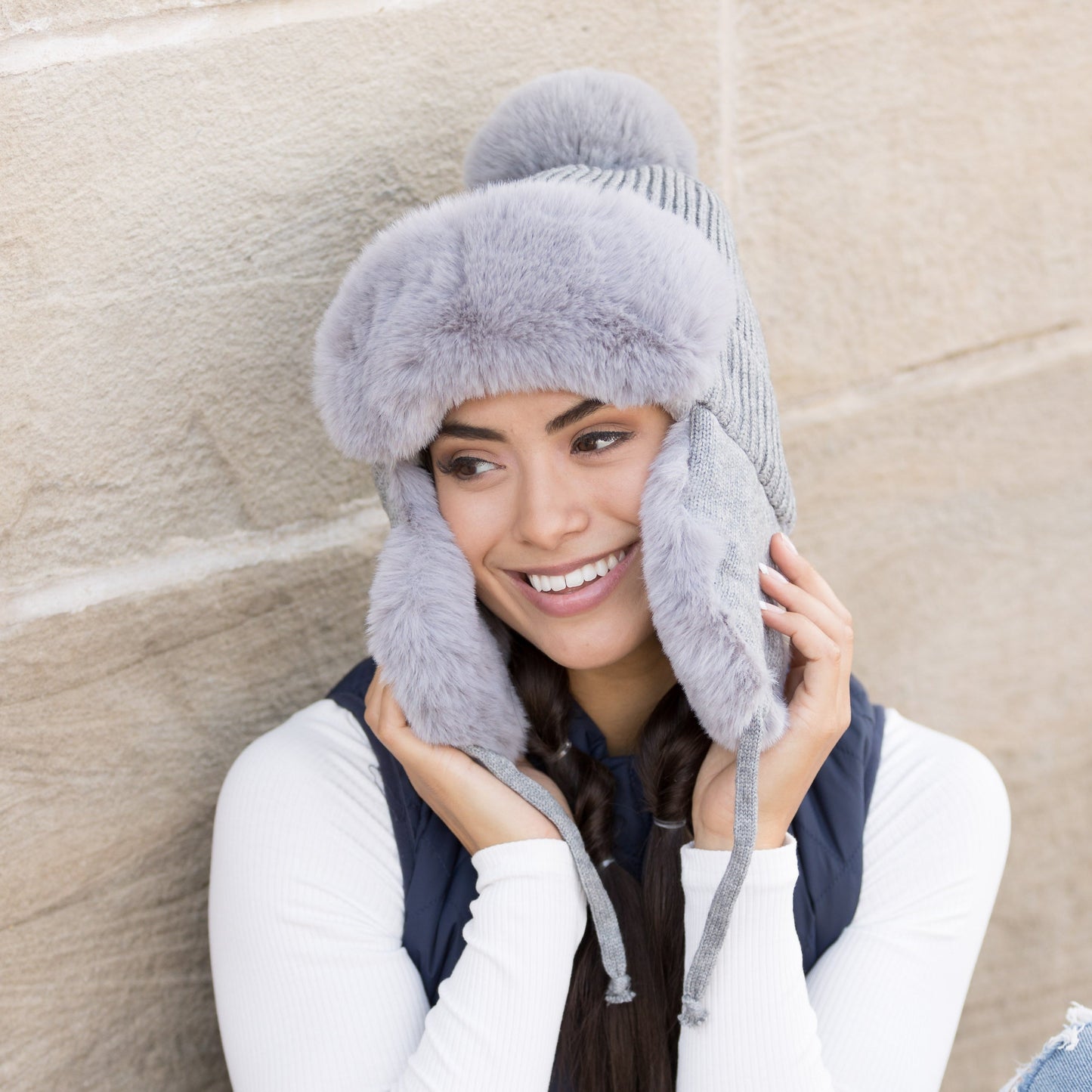 100% Soft Acrylic Ribbed Faux Fur Pom Lined Trapper Hat | One Size