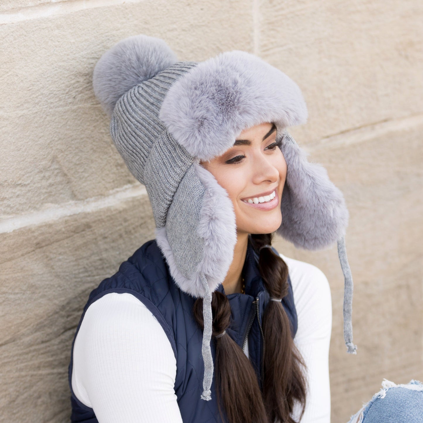 100% Soft Acrylic Ribbed Faux Fur Pom Lined Trapper Hat | One Size