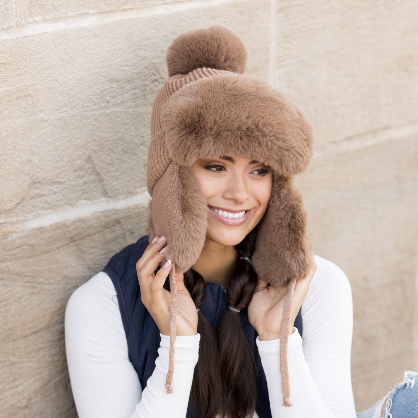 100% Soft Acrylic Ribbed Faux Fur Pom Lined Trapper Hat | One Size