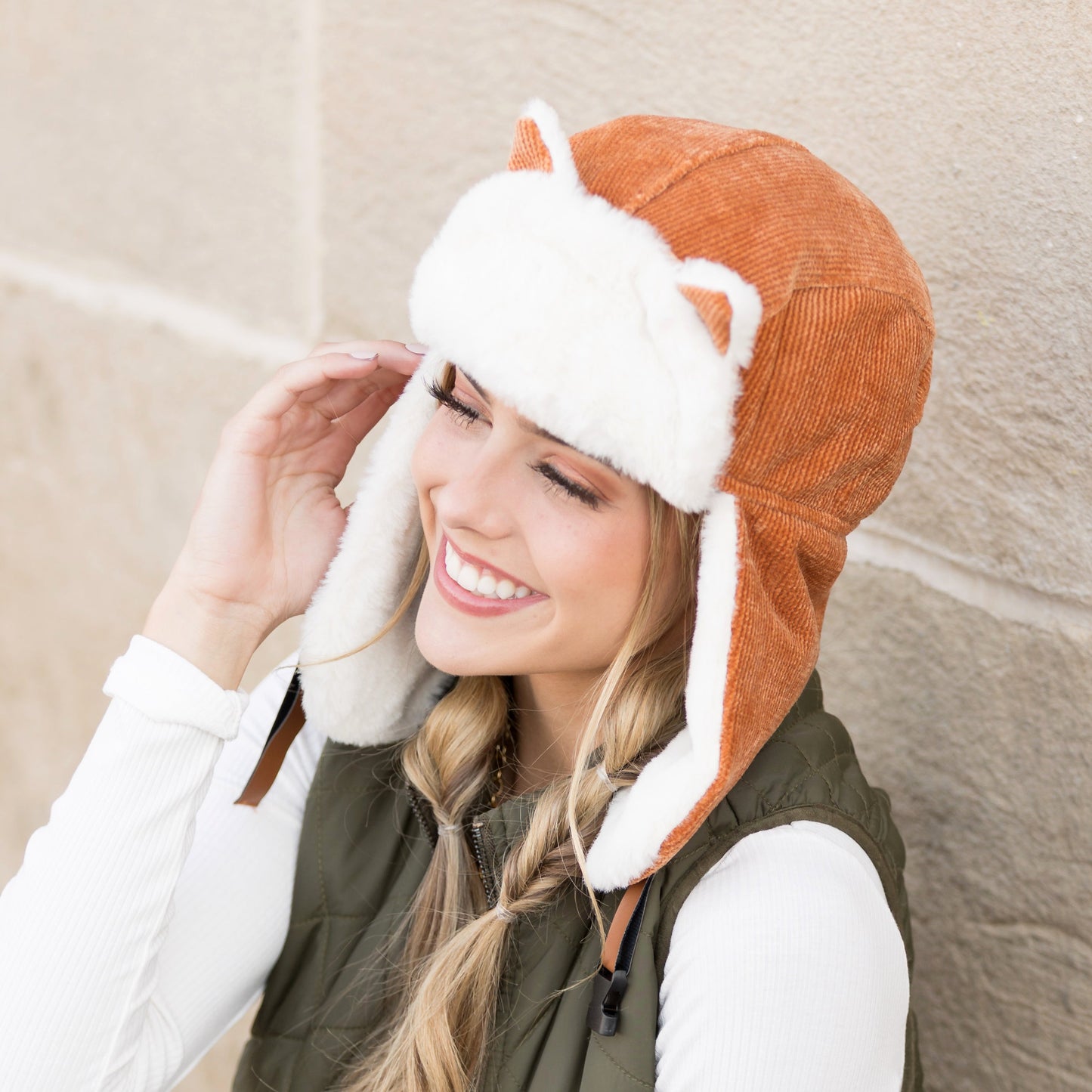 100% Polyester Faux Fur Lined Kitten Ear Vegan Leather Clip Strap Trapper Hat | One Size