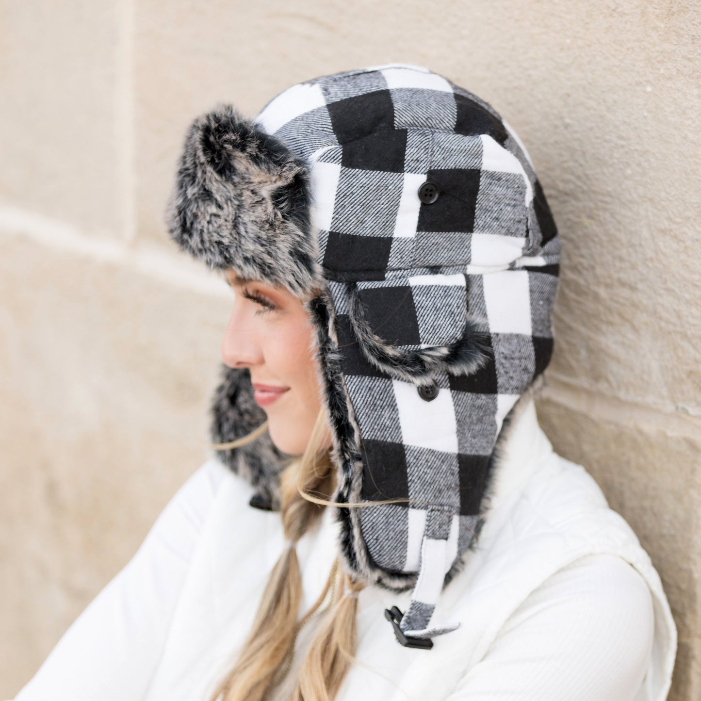 70% Polyester 30% Cotton Flannel Exterior Faux Fur Quilted Lined Buffalo Plaid Trapper Hat | One Size