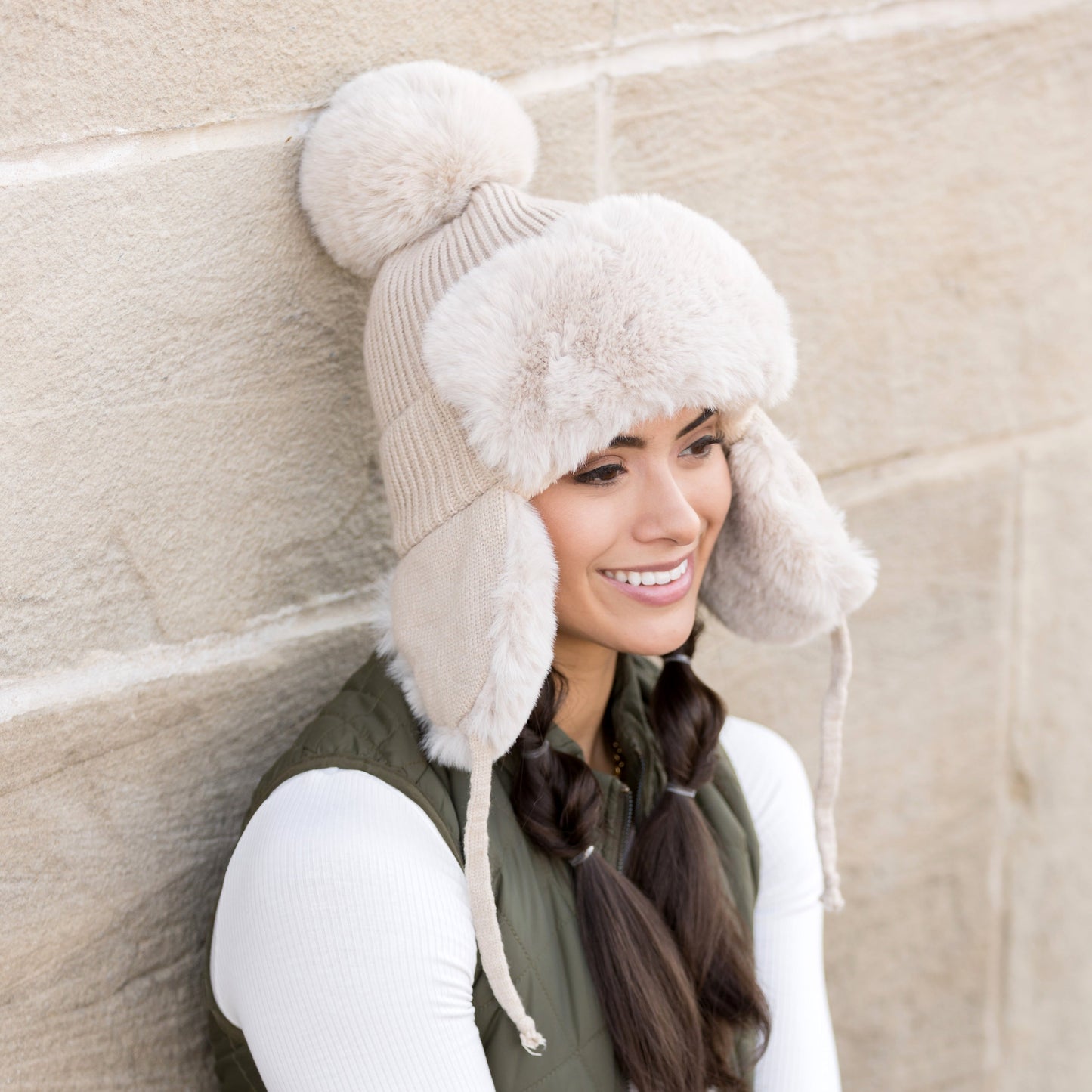 100% Soft Acrylic Ribbed Faux Fur Pom Lined Trapper Hat | One Size
