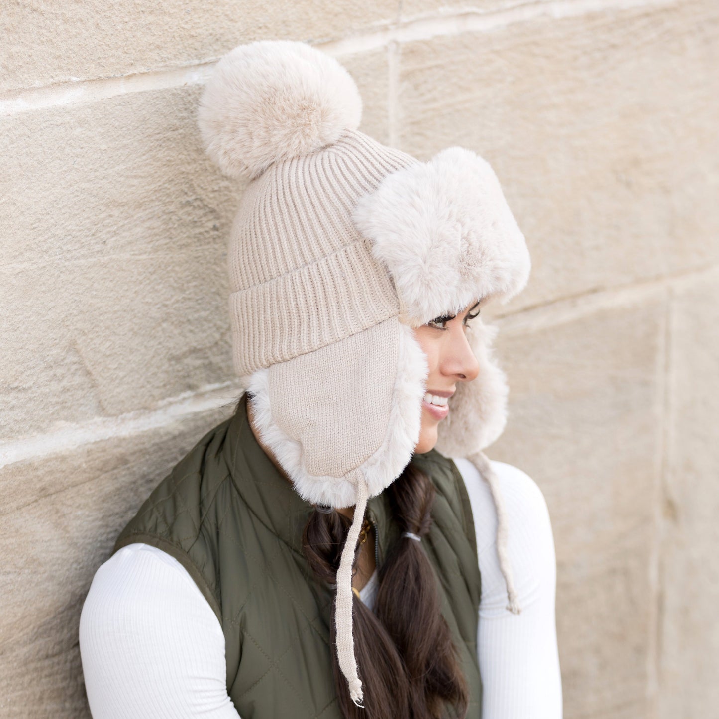 100% Soft Acrylic Ribbed Faux Fur Pom Lined Trapper Hat | One Size